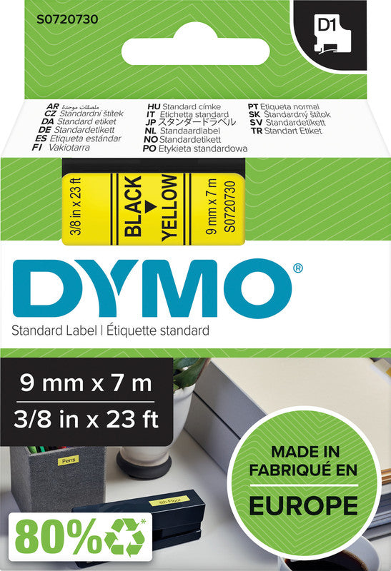 DYMO Schriftband – 9 mm x 7 mm, gelb, schwarz – für LabelPoint 200, 250, 300 usw. – D1