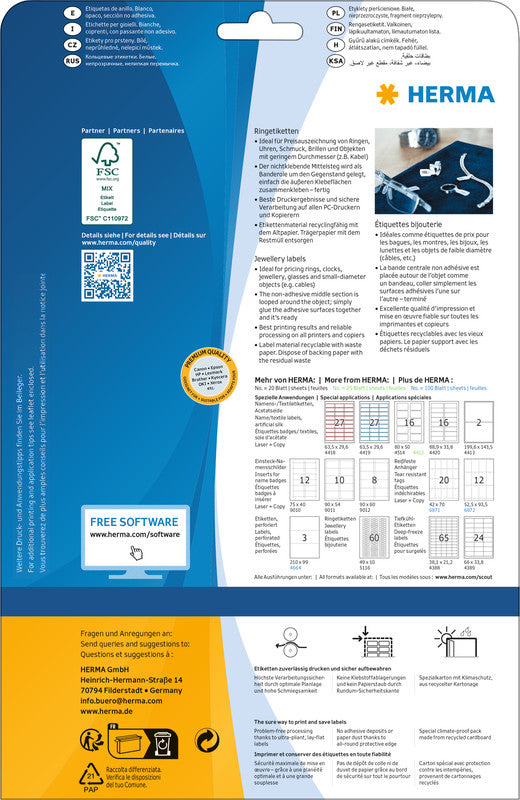 HERMA Ringetiketten – Spezialstanzung 49 × 10 mm, permanent, weiss, A4, 25 Blatt (1'500 Stk.)