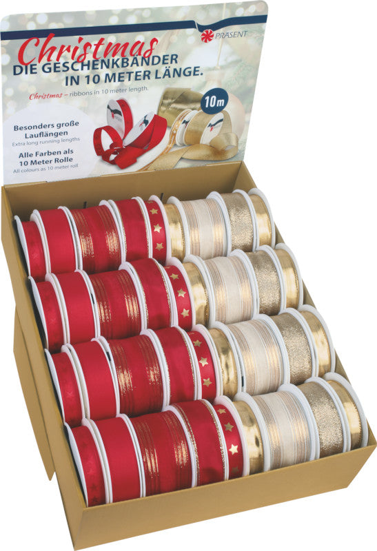 Präsent Seidenband Imola – Weihnachten – 16 Rollen 15 mm × 10 m, 12 Rollen 25 mm × 10 m, 8 Rollen 40 mm × 10 m