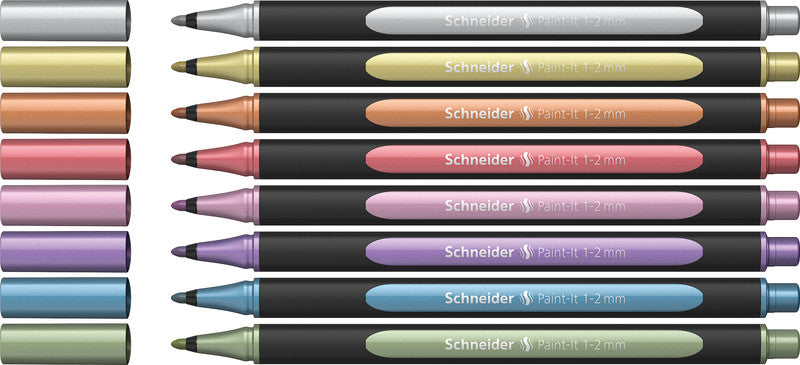 Schneider Schreibgeräte Schneider Paint Marker Paint-It 020 – Rundspitze 1-2 mm – Sortiert – 8er-Set – Für dunkle Oberflächen geeignet