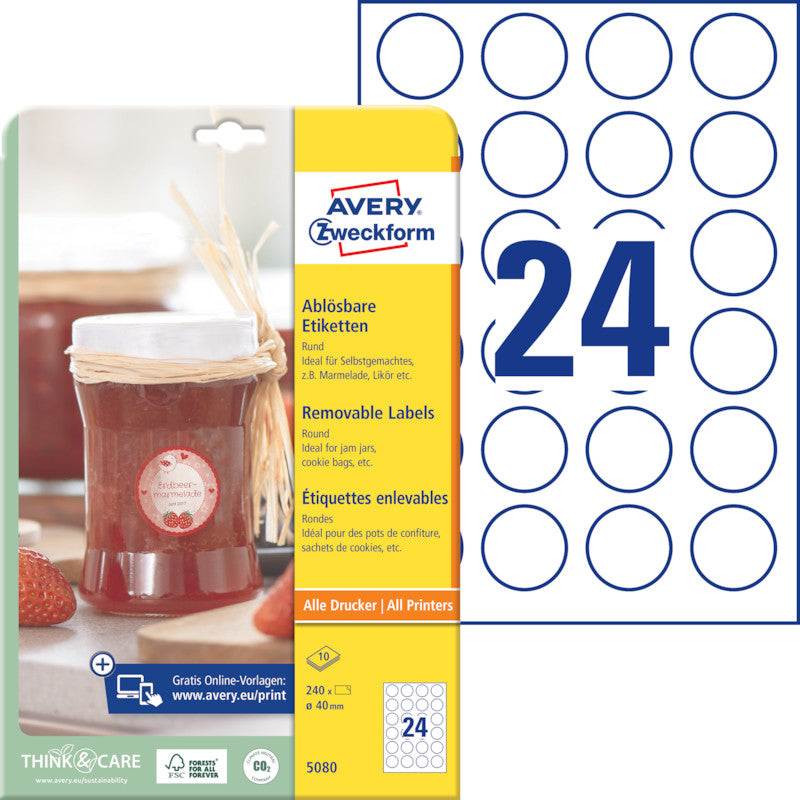 Avery Druckeretiketten, Ø 40 mm, weiss, Papier, wiederablösbar, 10 Blatt (240 Etiketten)