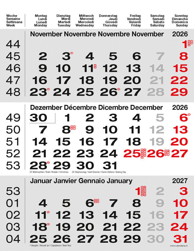 Calendaria 3-Monats-Kalender – 3 Monate pro Blatt – 2026 – Datumsschieber, Spiralbindung – 31 × 40 cm