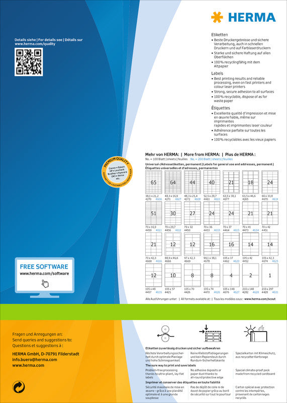 HERMA Druckeretiketten, 53 mm × 21 mm, weiss, Papier, permanent, 200 Blatt