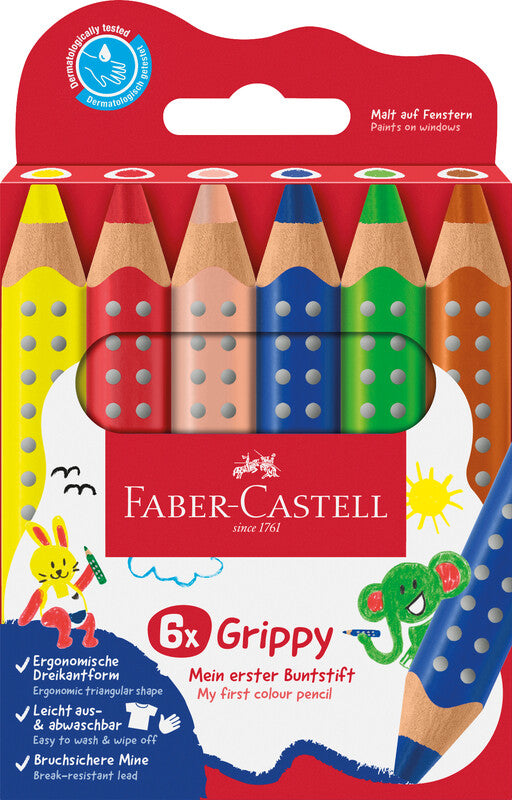 Faber-Castell 3-in-1 Farbstifte Grippy – 6 Farben, im Kartonetui, Ø 3 mm, dreikantig