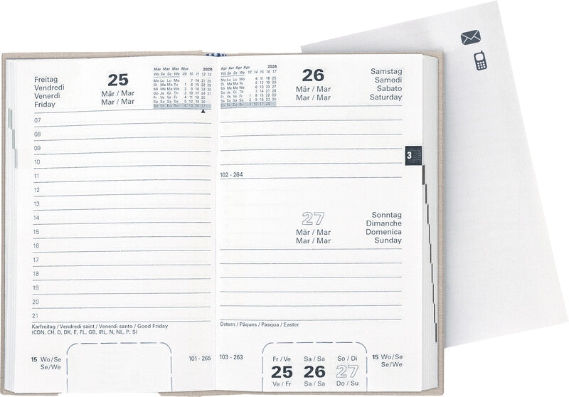 Biella Disponent Agenda – 1 Tag pro Seite, gebunden, 10,1 × 16 cm, 2026, 1-Stunden-Takt, beige, FSC