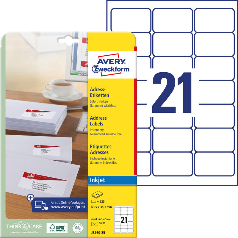 Avery Adress-Etiketten, 64 mm × 38 mm, weiss, Papier, permanent, 25 Blatt (525 Etiketten)