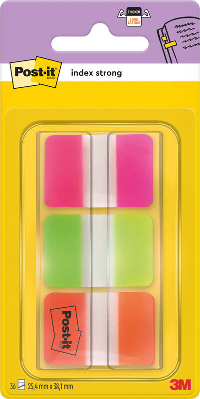 Post-it Indexstreifen Strong – 25,4×38 mm – sortiert (neonpink, neongrün, neonorange), 3×12 Stück