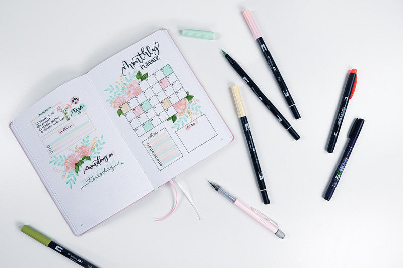 Tombow Starter Kit Handlettering – 4 ABT Dual Brush Pens, Fudenosuke, MONO graph, MONO edge, Notizbuch A5