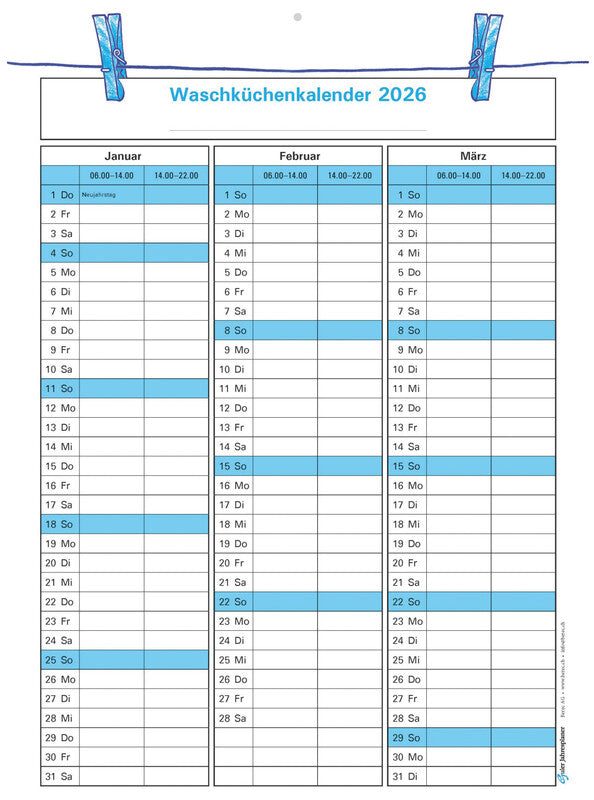 Guler Waschküchenplaner – für Waschküche – 2 Spalten, 3 Monate pro Blatt – Deutsch – 2026 – Stundenplan – A4