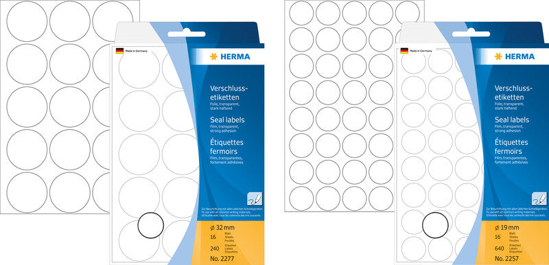 HERMA Schmucketiketten – Folie, transparent, Ø 19 mm, 640 Stk, 16 Bogen, stark haftend