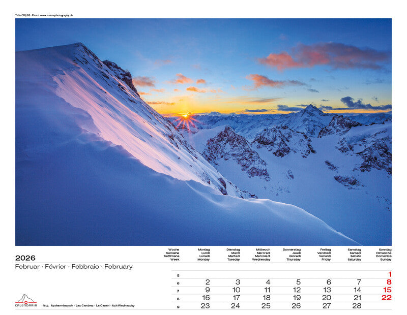 Calendaria Bildkalender Schweiz 2026 – 40 × 31 cm – mit Aufhänger