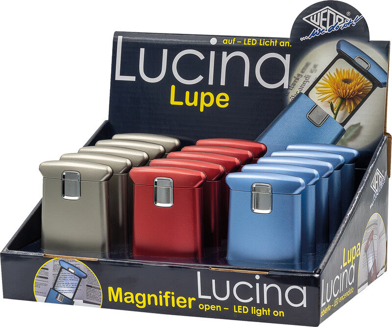Wedo Rechtecklupe – 3×, 58×98 mm, mit LED, farbig sortiert