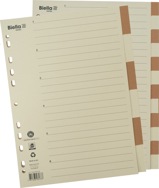 Biella Register – A4, 6-teilig, Karton, braun/beige, unbedruckt, mit Indexblatt, 11-fach Lochung