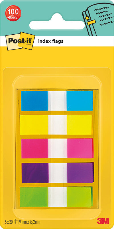 Post-it Schmale Indexstreifen – 11,9×43,2 mm – sortiert, 5×20 Stück, mit Dispenser, Kunststoff