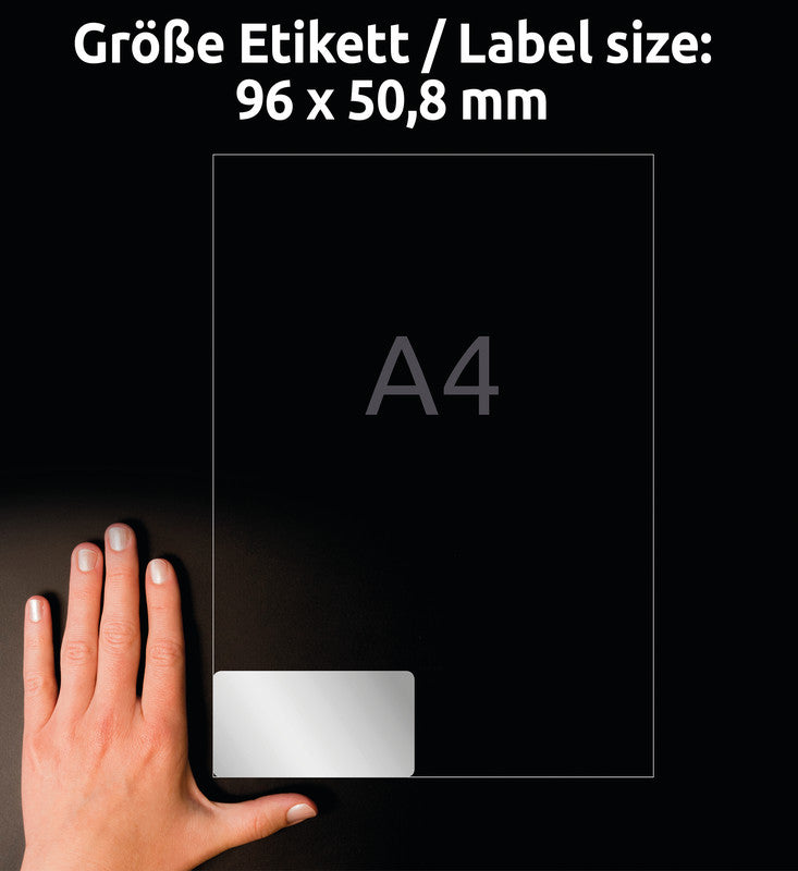 Avery Typenschild-Etiketten, 96 mm × 51 mm, silber, Folie, permanent, 200 Etiketten (20 Blatt)