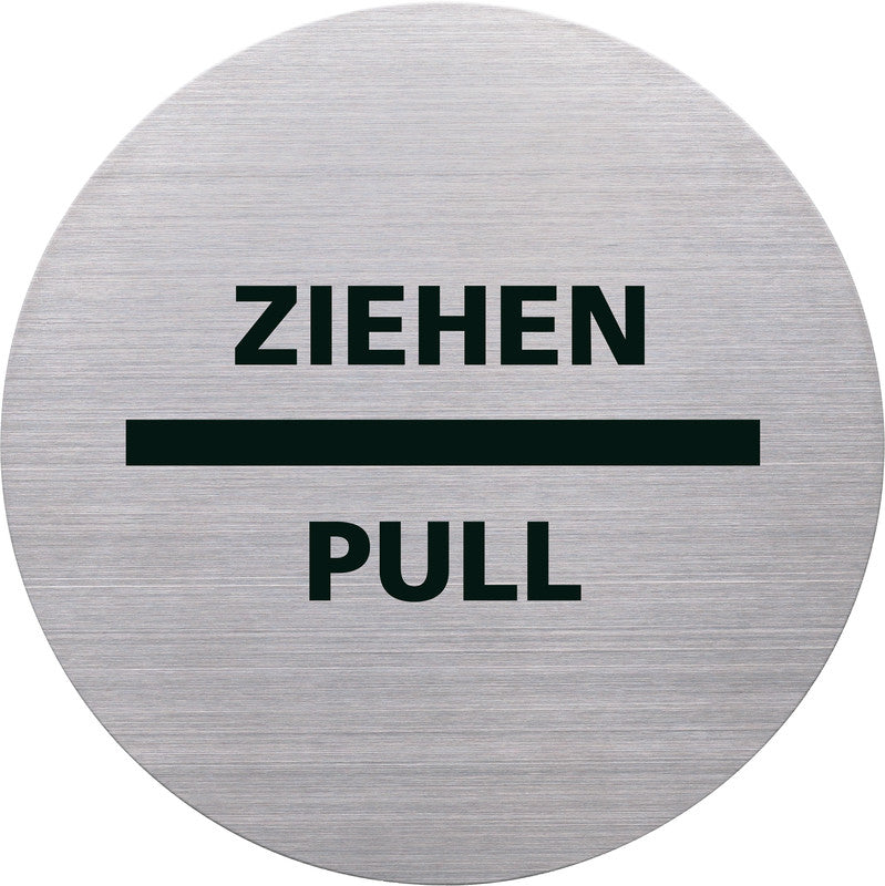Helit Piktogramm Ziehen, mehrsprachig – Ø 115 mm, Edelstahl, silber, selbstklebend, 1 Stück