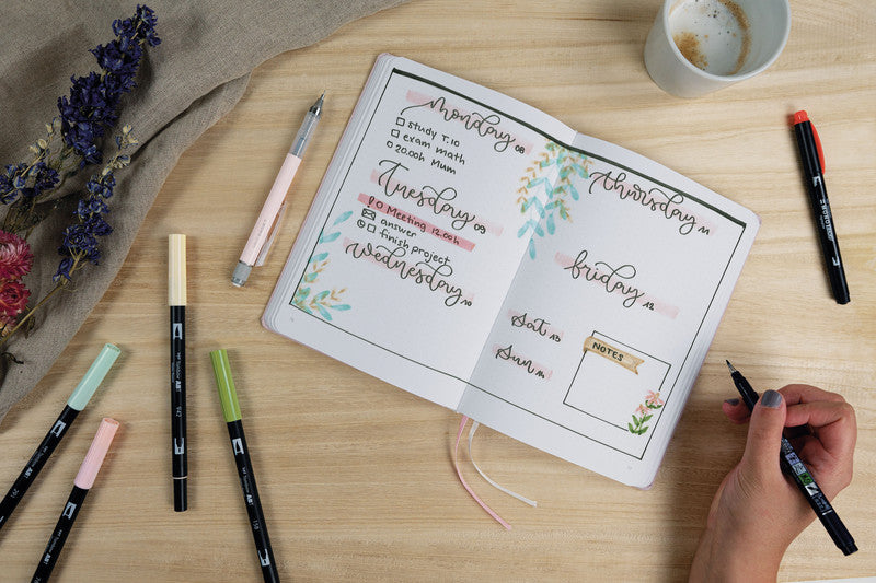 Tombow Starter Kit Handlettering – 4 ABT Dual Brush Pens, Fudenosuke, MONO graph, MONO edge, Notizbuch A5