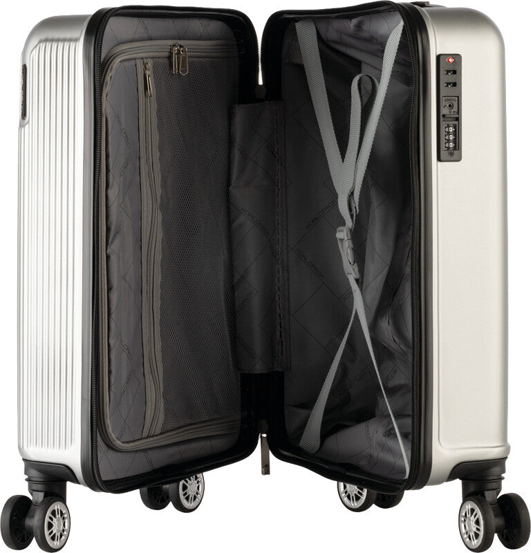 Worldpack Bergen Handgepäck-Trolley – 34 l, Hartschale, 4 Doppelrollen, Silber, 34,5 × 54 × 23 cm