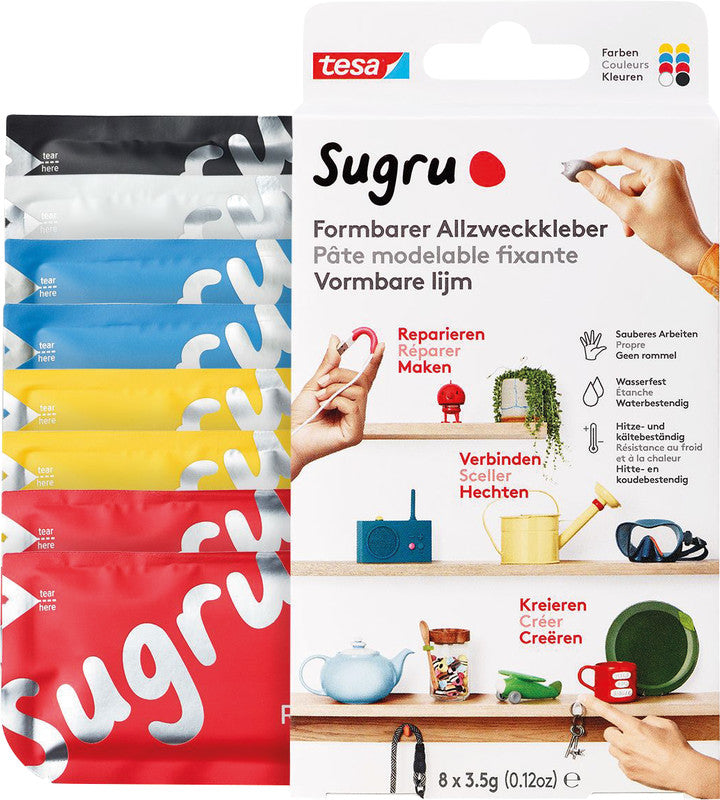 Tesa Sugru Vielzweckkleber (formbar) – wasserfest, für Metall, Holz, Glas, 8×3,5 g, −40 bis +180 °C