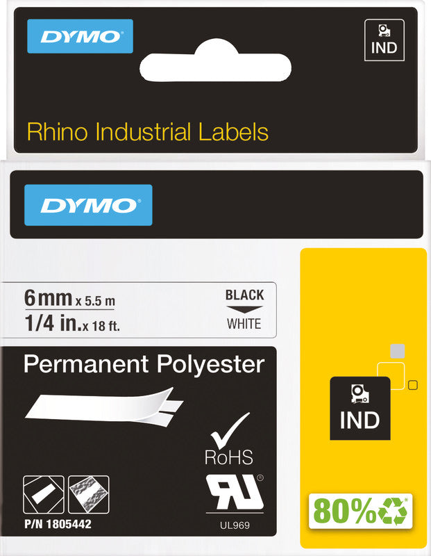 DYMO Textilband – 6 mm × 5,5 m, weiss, schwarz – für DYMO Rhino: 3000, 4200, 5000 und weitere