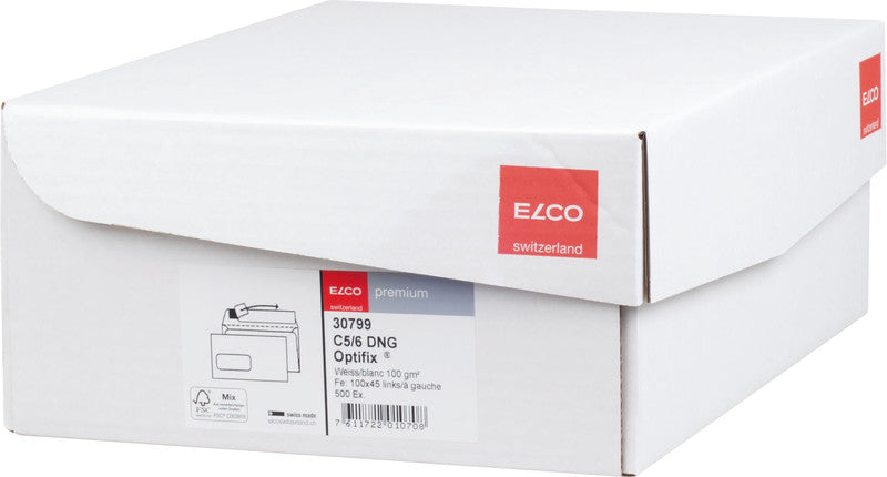Elco Couvert C5/6, Fenster links, Haftklebung, hochweiss, 100 g/m², mit Innendruck – 500 Stk.
