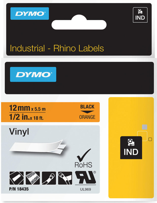 DYMO Schriftband – 12 mm × 5,5 m, orange, schwarz, Rhino IND – für DYMO Rhino: 3000, 4200, 5000 und weitere