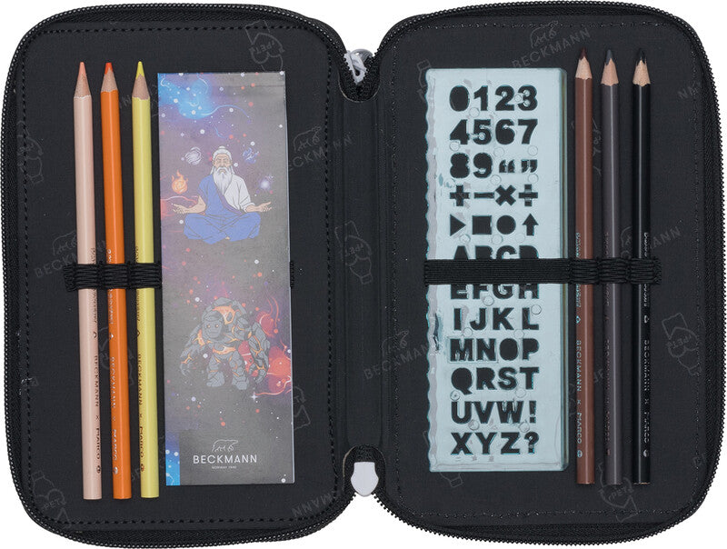 Beckmann Klassisches dreifaches Schüleretui, gefüllt, 27-teilig – Ninja Elements – Kunststoff – 13,0 × 20,5 × 7,0 cm