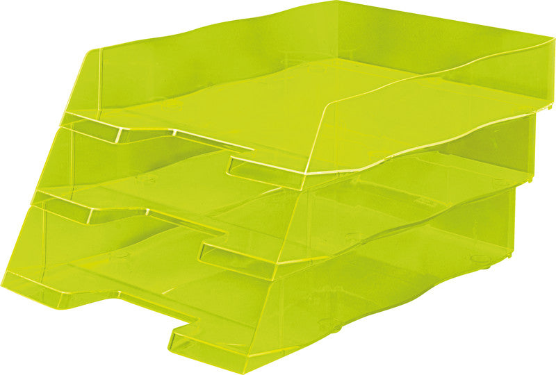 Styro Briefkorb – mit Griffausschnitt, mit Beschriftungsfeld, glänzend, neongelb, B 255 × H 62 × T 360 mm
