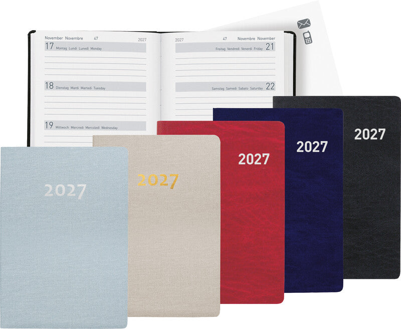 Biella Memento Agenda – 1 Woche/2 Seiten, gebunden, 10,1 × 14,2 cm, Jan–Dez, 2026, mehrsprachig, rot, FSC