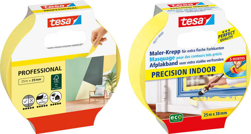 tesa Abdeckband Precision Indoor – 25 mm × 25 m, gelb, für Innenbereich, Papier, glatt