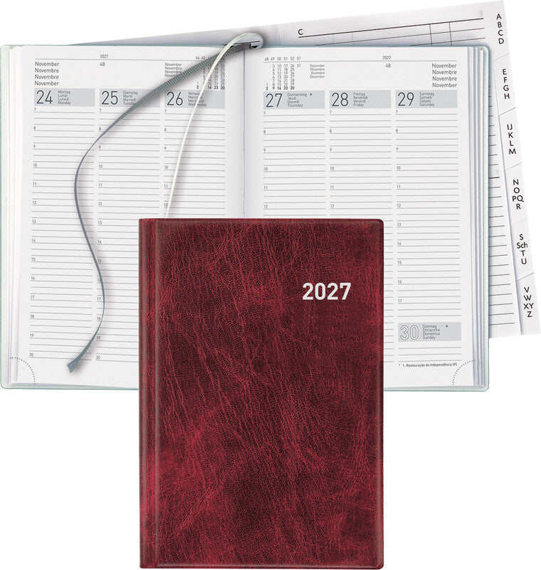 Biella Terminia Agenda – 1 Woche/2 Seiten, gebunden, 14,5 × 20,5 cm, 2027, Weinrot, FSC