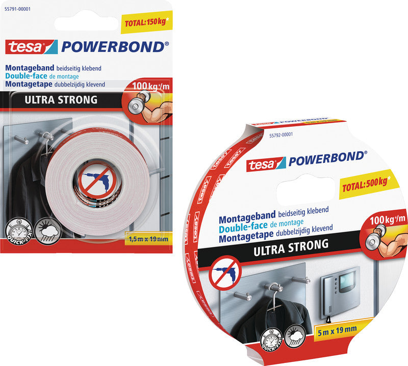 Tesa Montageband Ultra Strong, für Innen- & Aussenanwendungen – 19 mm × 5 m, weiss, bis 10 kg/10 cm