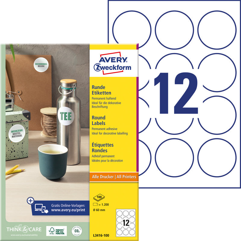 Avery Etiketten A4 Ø 60 mm – Papier – permanent haftend – Laser/Inkjet – 12 pro Blatt, 100 Blätter (1'200 Stk.)