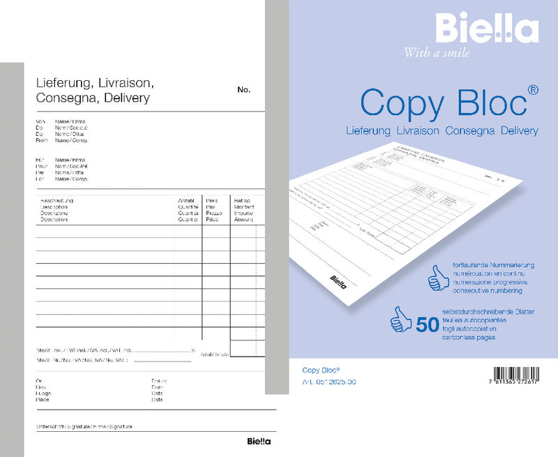 Biella Formularblock – Lieferschein, mehrsprachig, 50 Blatt, A5