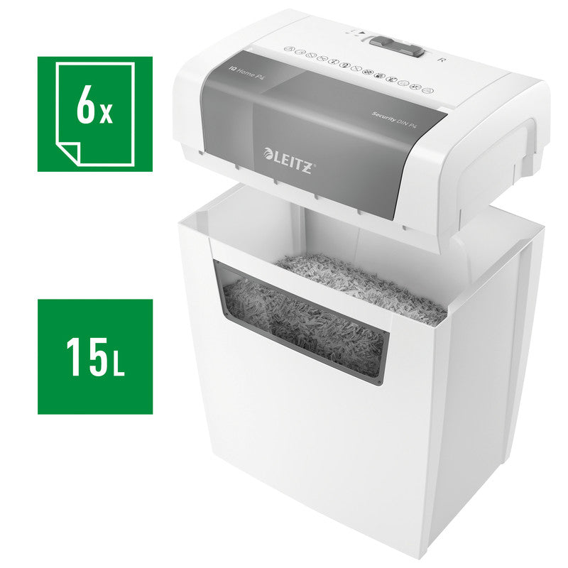 Leitz IQ Home – Aktenvernichter, DIN P-4, Partikelschnitt 4 × 28 mm, 6 Blatt, 15 l, A4
